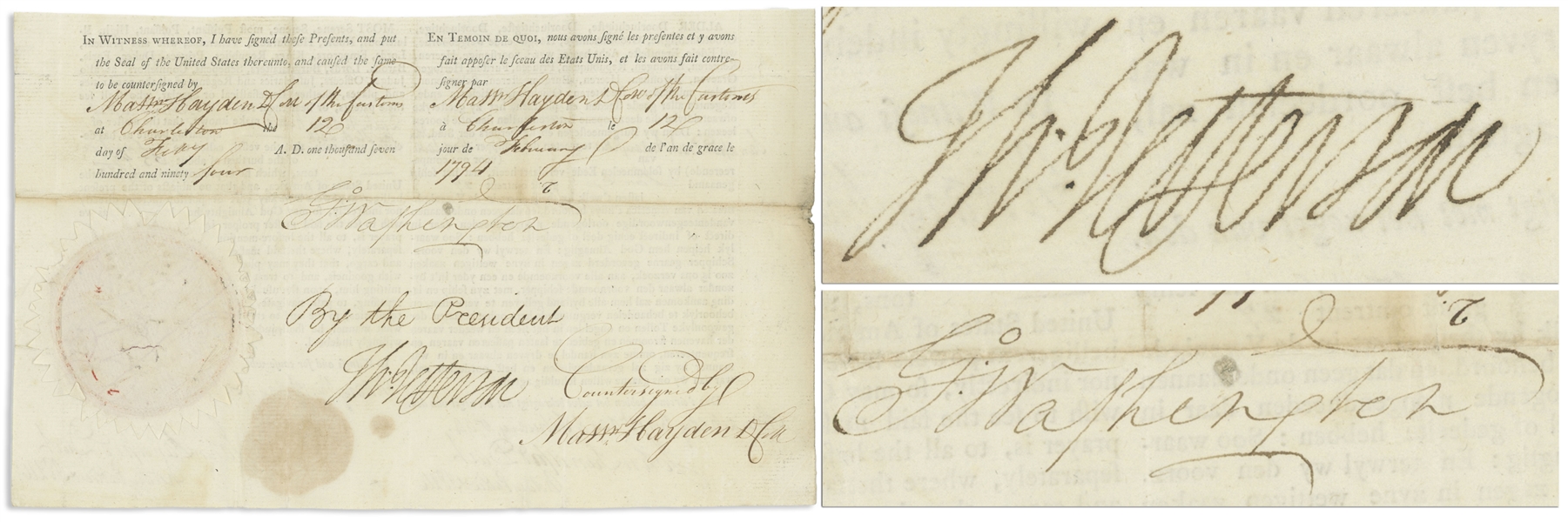 George Washington and Thomas Jefferson Signed Three-Language Ship's Papers, Signed by Washington as President and Jefferson as Secretary of State -- With JSA COA